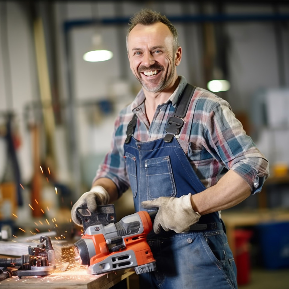 Smiling tool and die maker working on blurred background