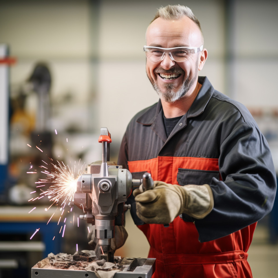 Smiling tool and die maker working on blurred background