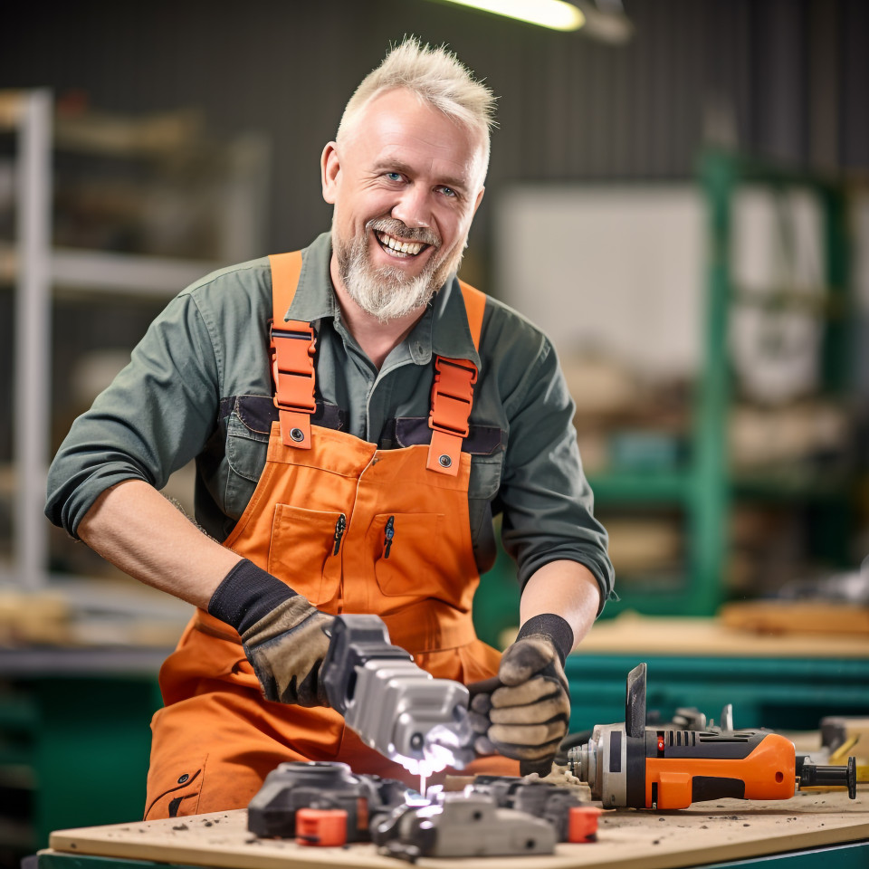 Smiling tool and die maker working on blurred background