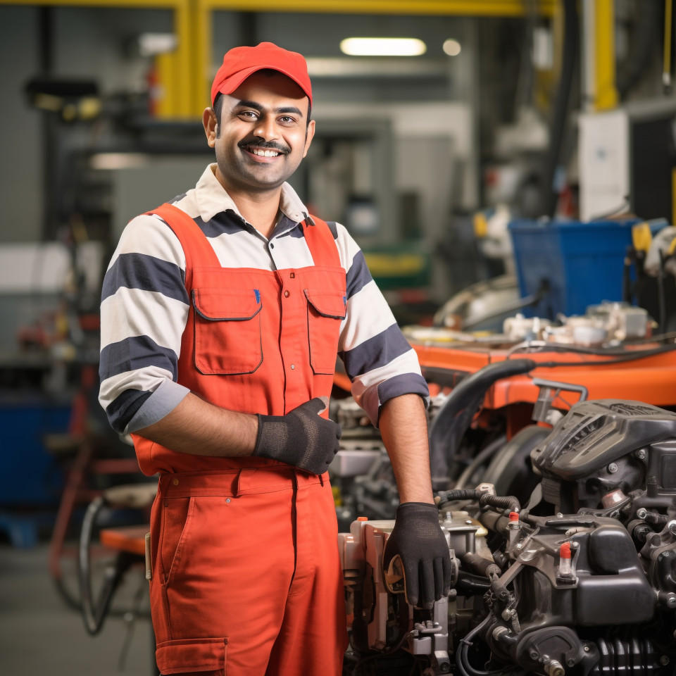 Smiling indian mechanic working on a blurred background
