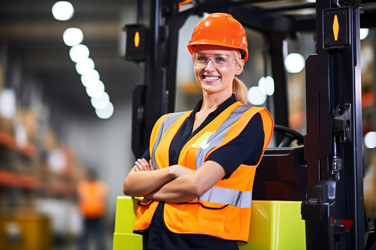 Smiling woman machine operator working in factory on a blurred background