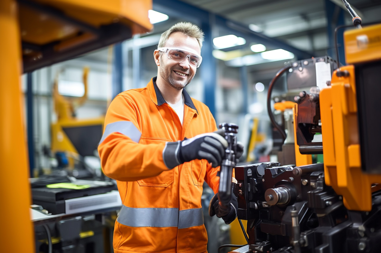 Machine operator working with a smile on a blurred background