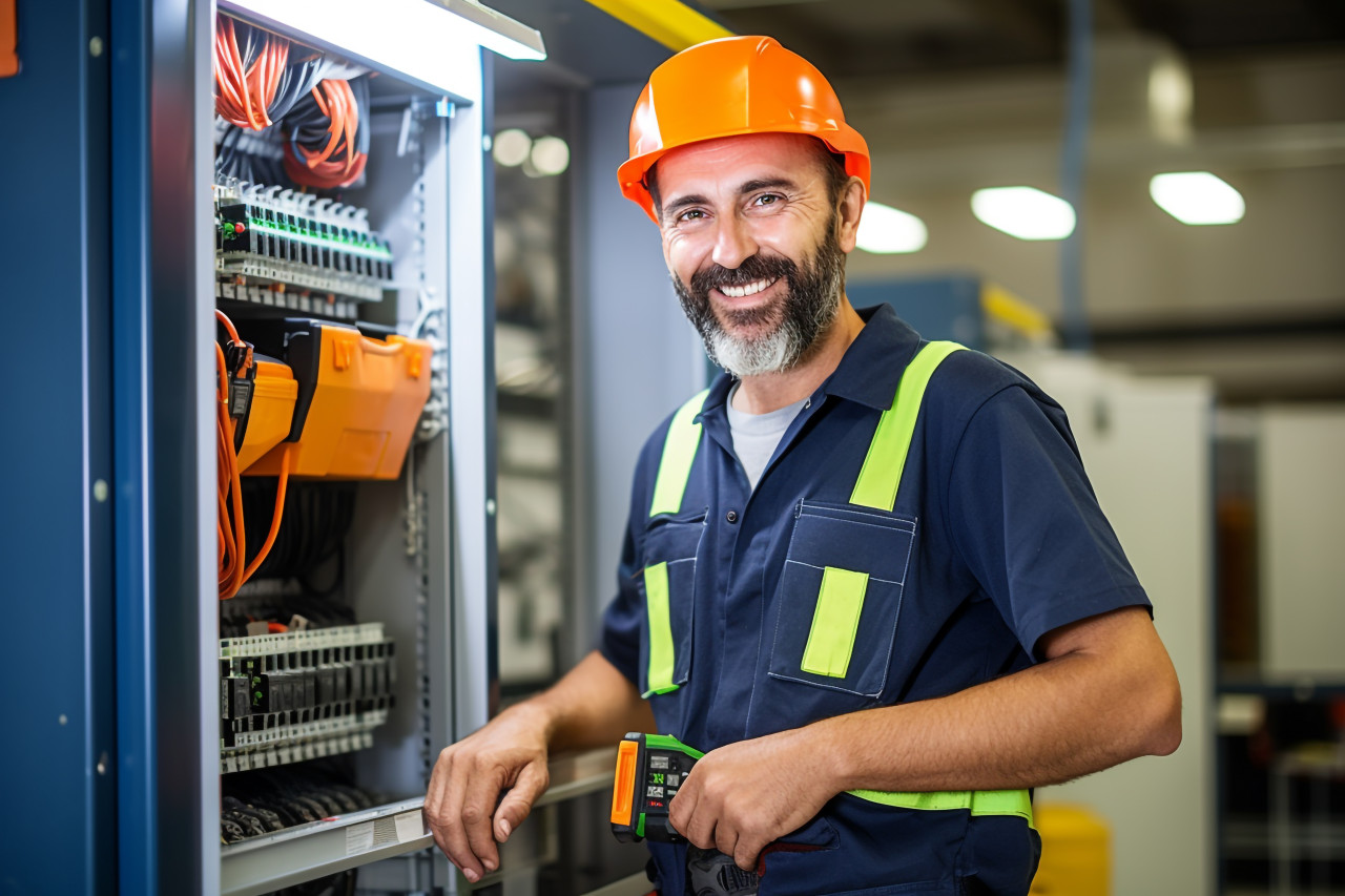 Electrician working with a smile on a blurred background