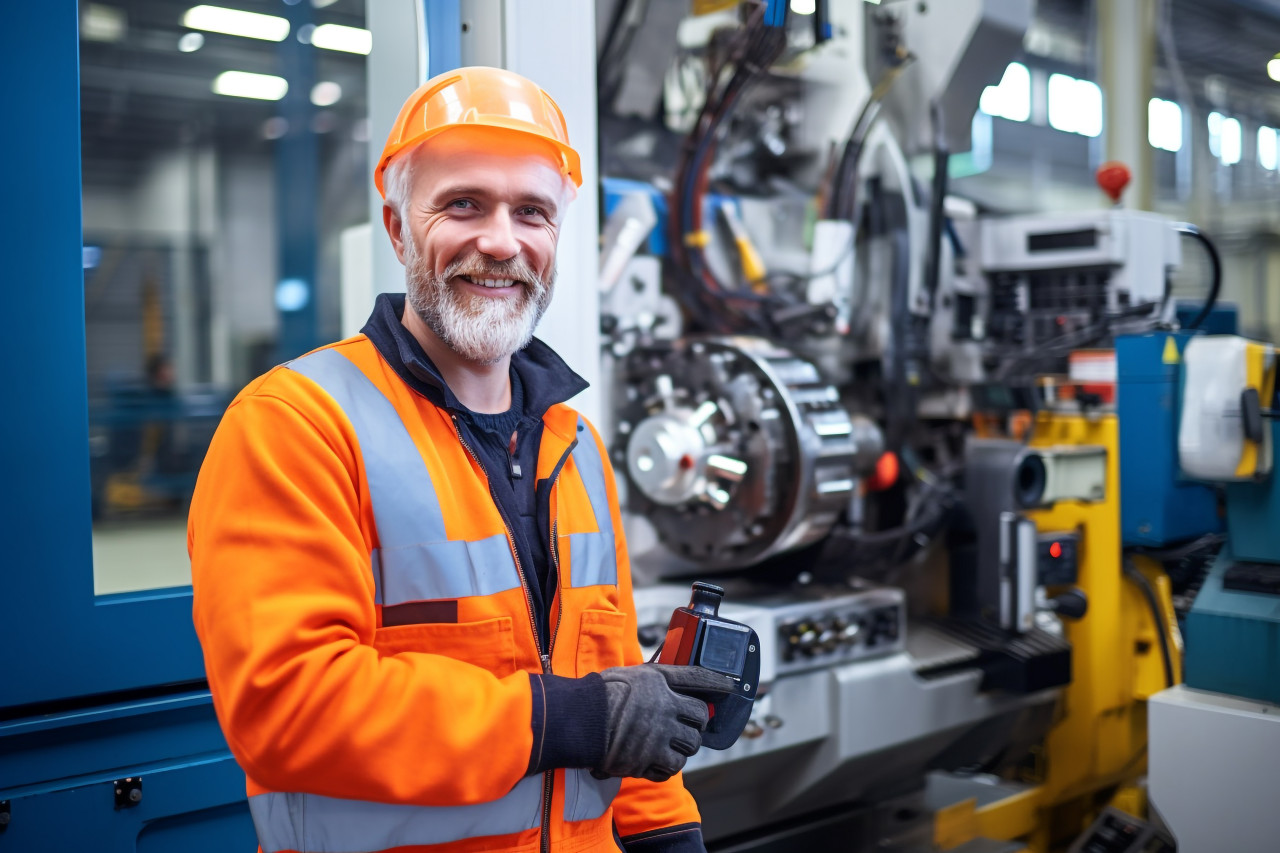 Machine operator working with a smile on a blurred background
