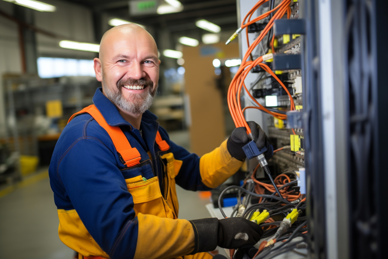 Electrician working with a smile on a blurred background