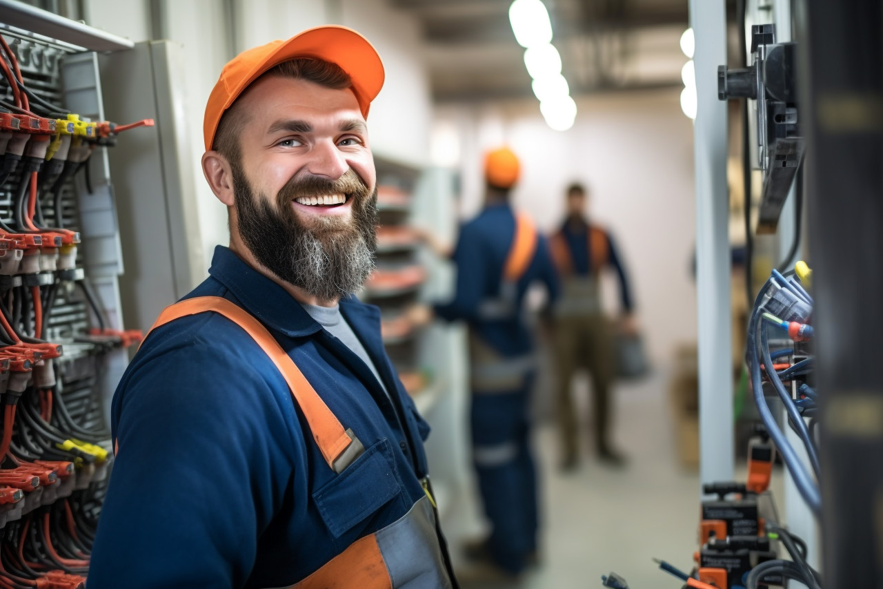 Electrician working with a smile on a blurred background