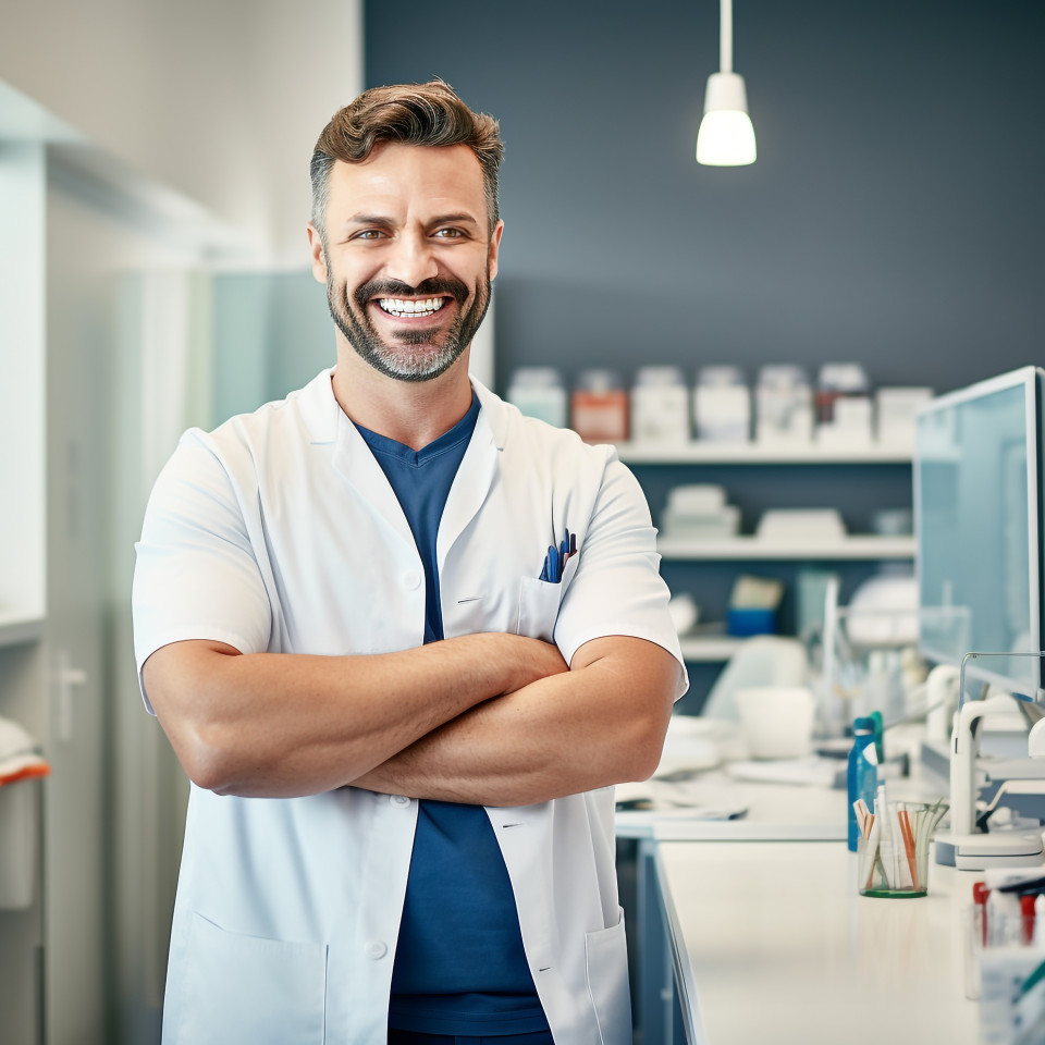 Friendly smiling handsome man grooming and personal care educator at work on blured background