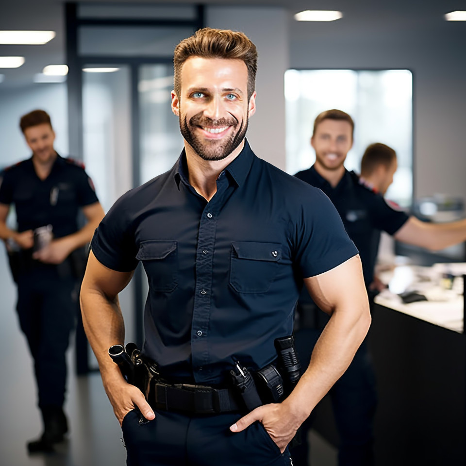 Friendly smiling handsome man grooming and personal care security personnel at work on blured background