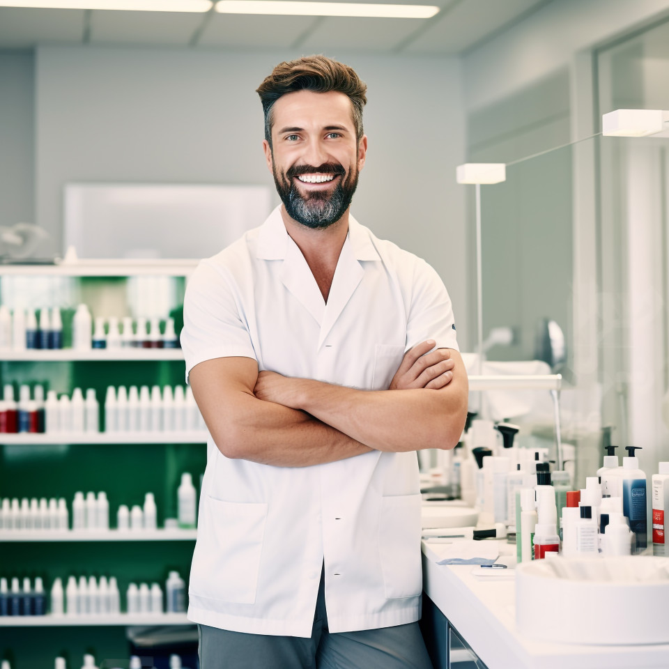 Friendly smiling handsome man grooming and personal care educator at work on blured background