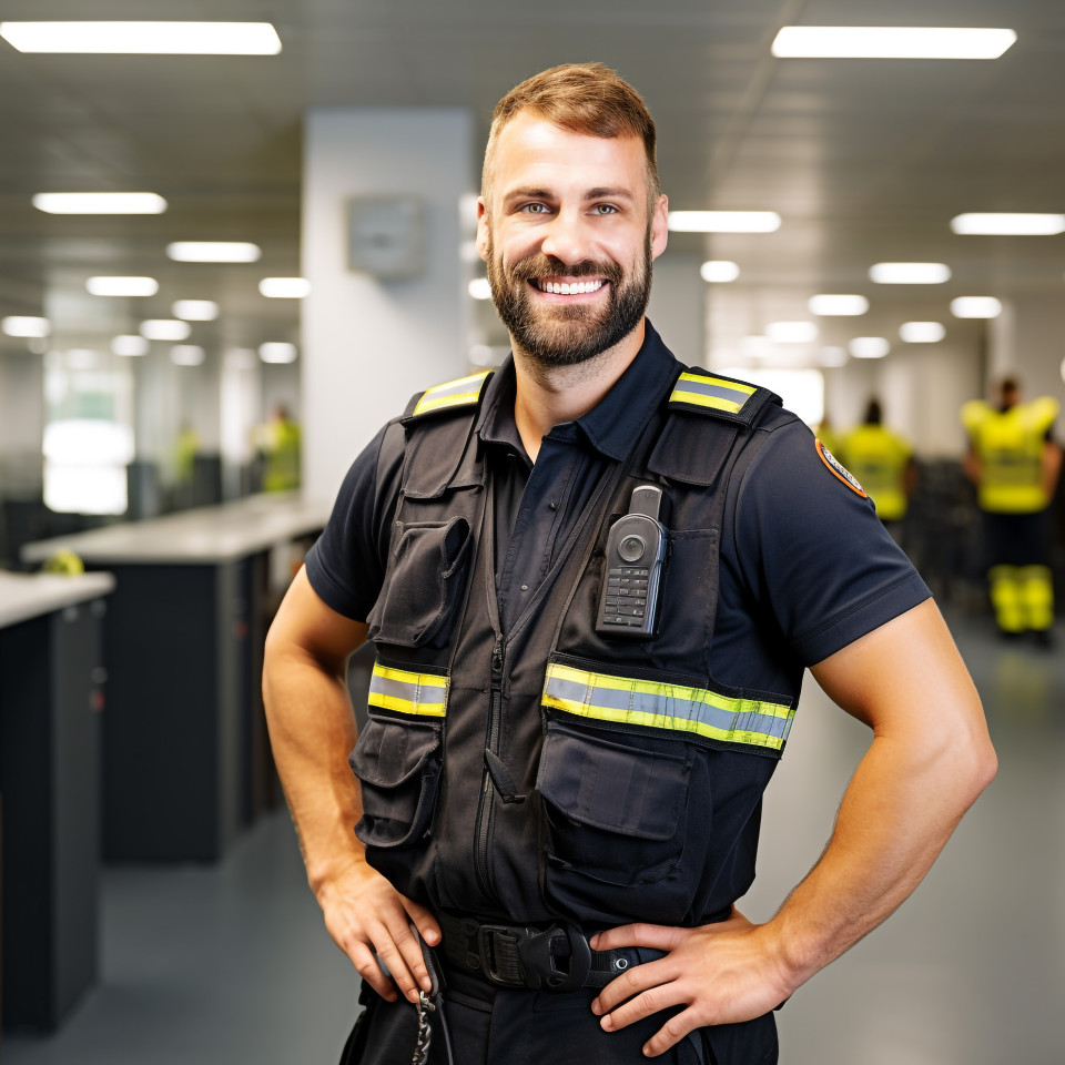 Friendly smiling handsome man grooming and personal care security personnel at work on blured background