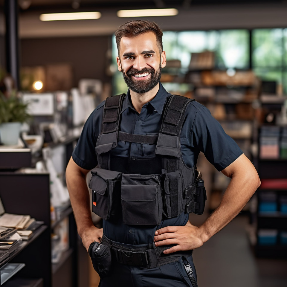 Friendly smiling handsome man grooming and personal care security personnel at work on blured background