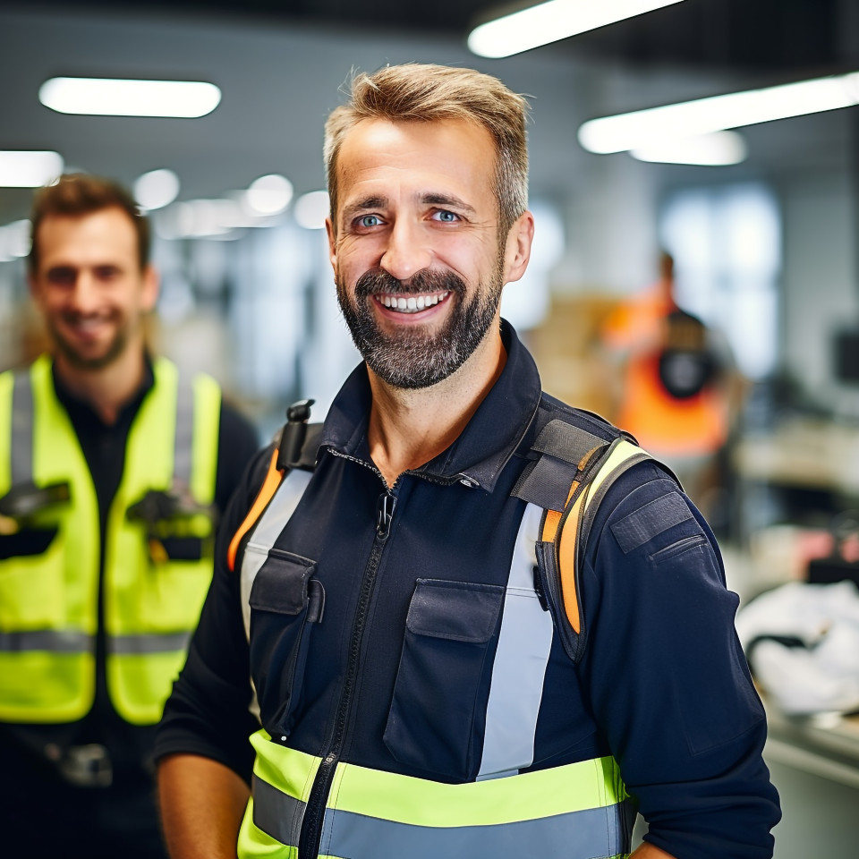 Friendly smiling handsome man grooming and personal care security personnel at work on blured background