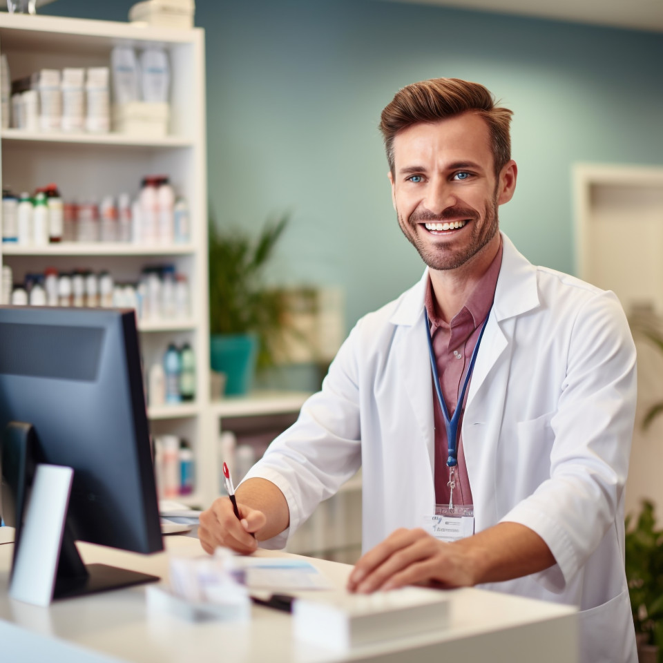 Friendly smiling handsome man grooming and personal care esthetician at work on blured background