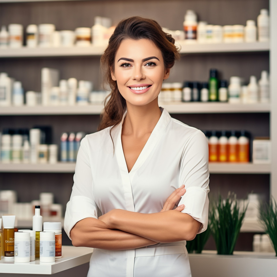 Friendly smiling beautiful woman beauty and personal care public relations specialist at work on blured background