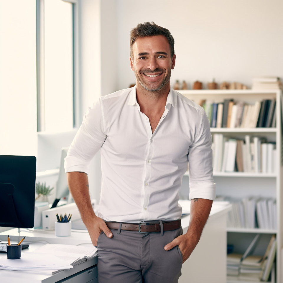 Friendly smiling handsome man grooming and personal care accountant at work on blured background