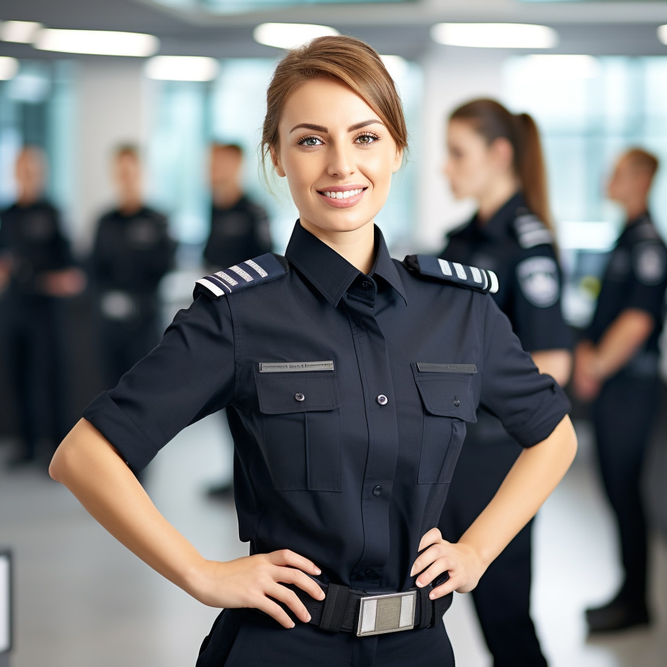 Friendly smiling beautiful woman beauty and personal care security personnel at work on blured background