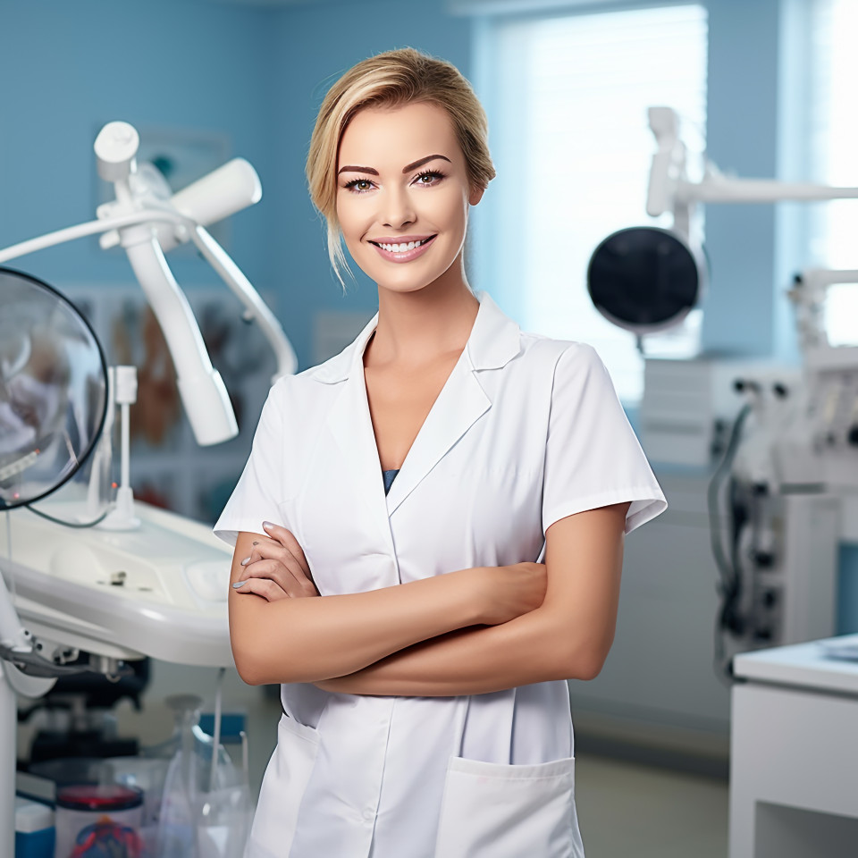 Friendly smiling beautiful woman beauty and personal care cosmetologist at work on blured background