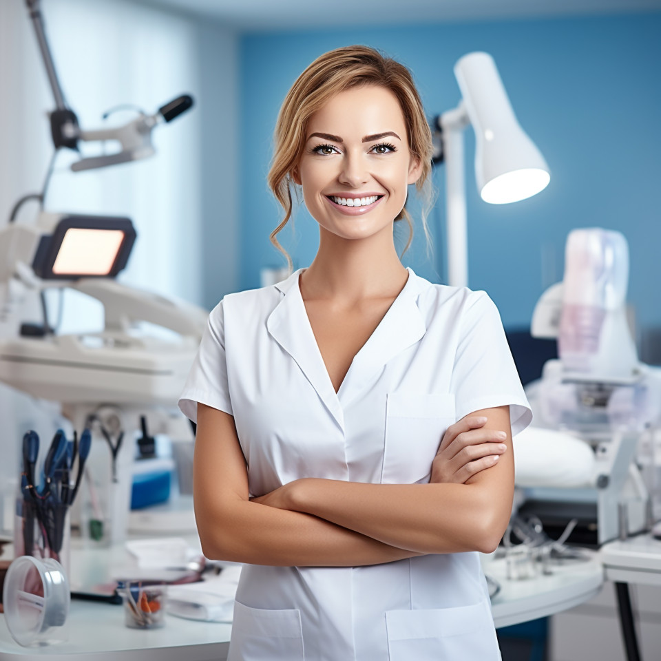 Friendly smiling beautiful woman beauty and personal care cosmetologist at work on blured background