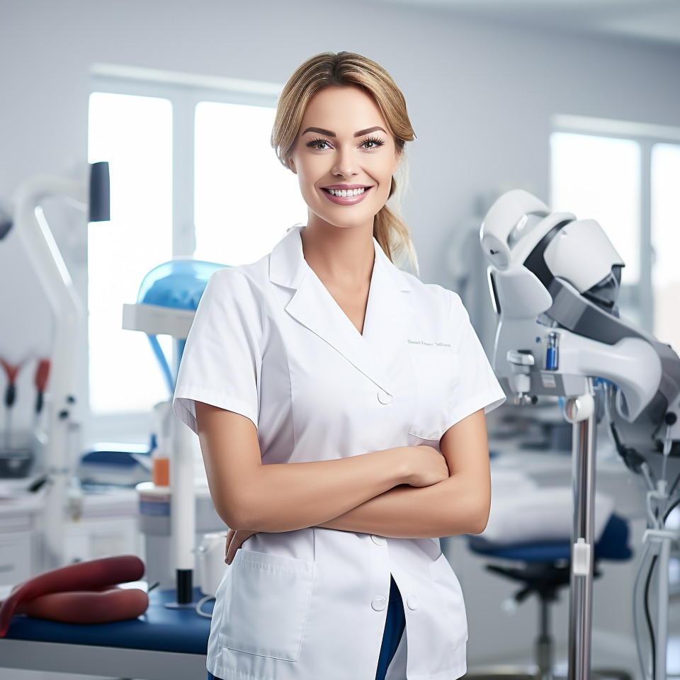 Friendly smiling beautiful woman beauty and personal care cosmetologist at work on blured background