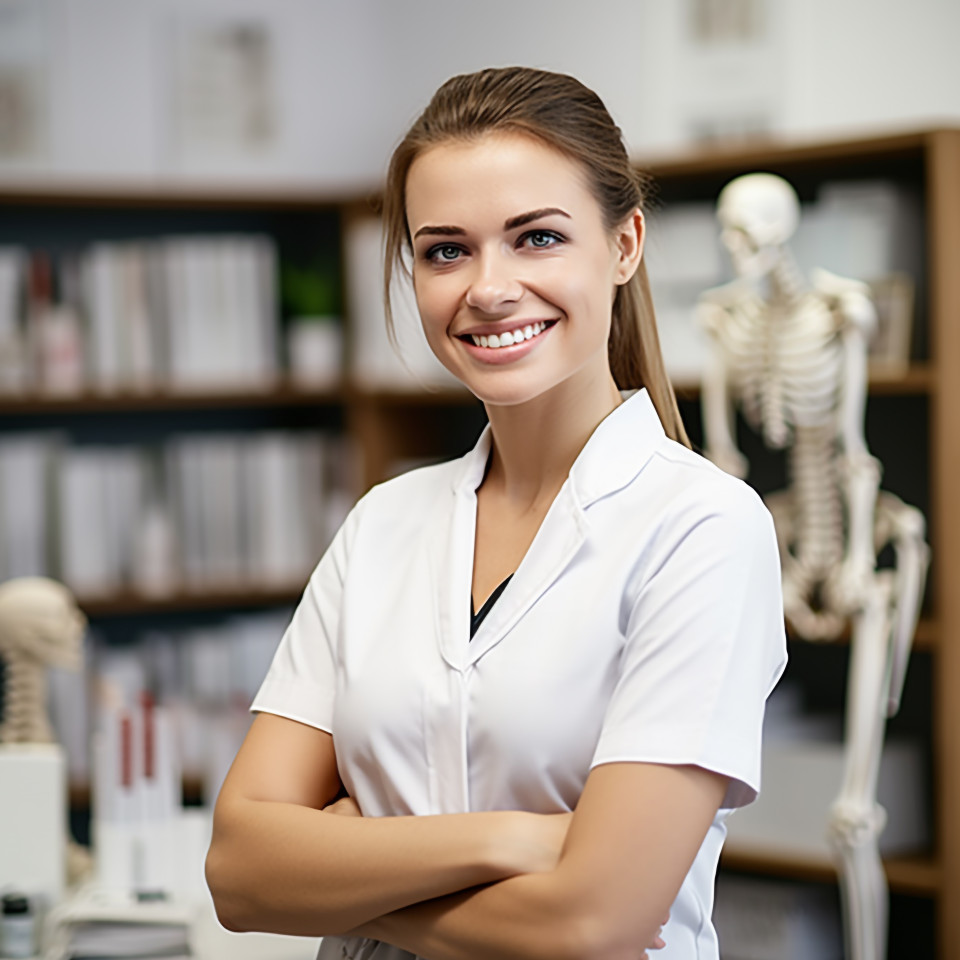 Friendly smiling beautiful woman beauty and personal care massage therapist at work on blured background