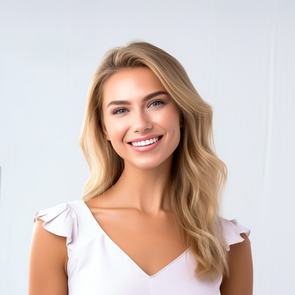 Smiling beautiful woman beauty marketing and social media manager at work on white background