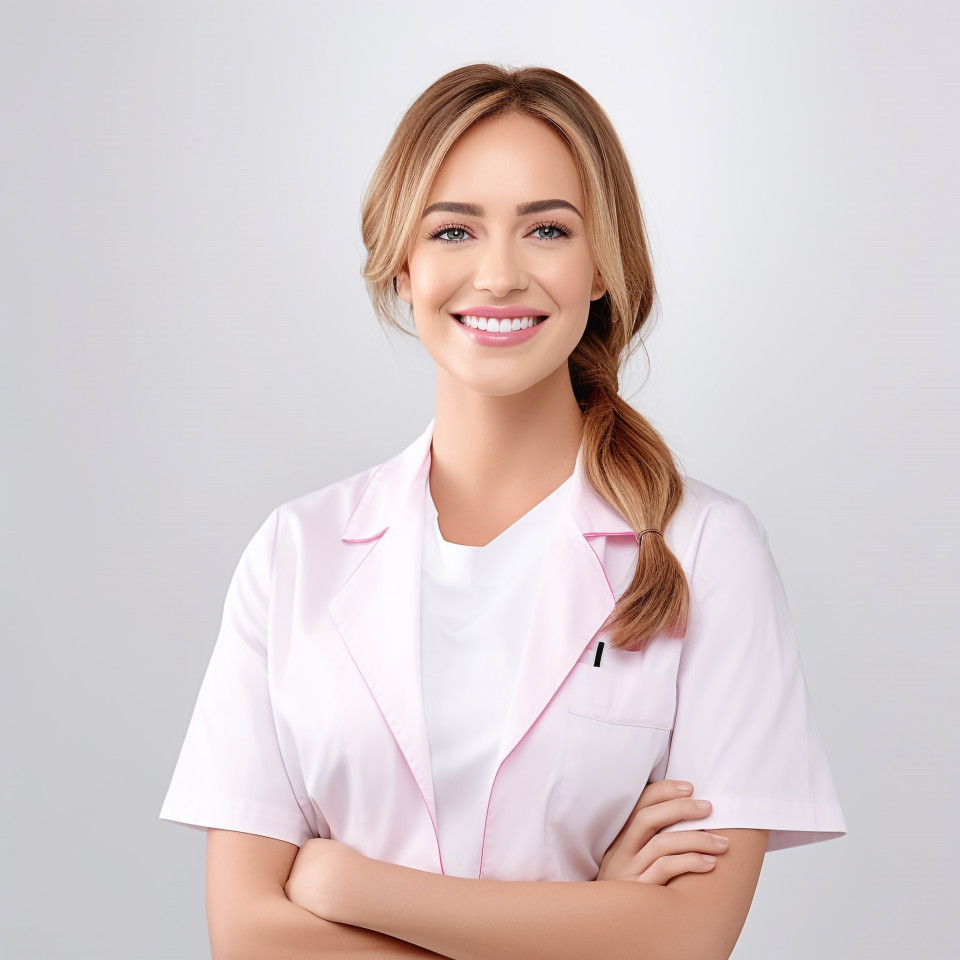 Friendly smiling beautiful woman beauty and personal care spa manager at work on white background