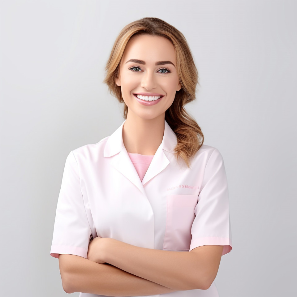 Friendly smiling beautiful woman beauty and personal care spa manager at work on white background