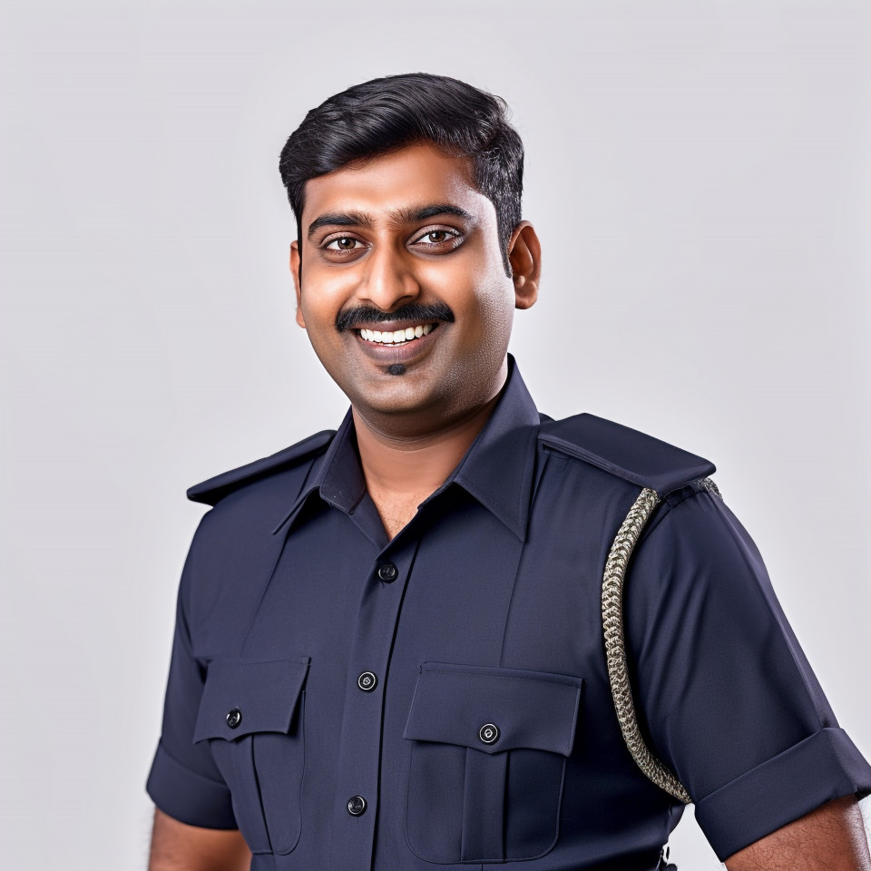 Friendly smiling handsome indian man grooming and personal care security personnel at work on white background