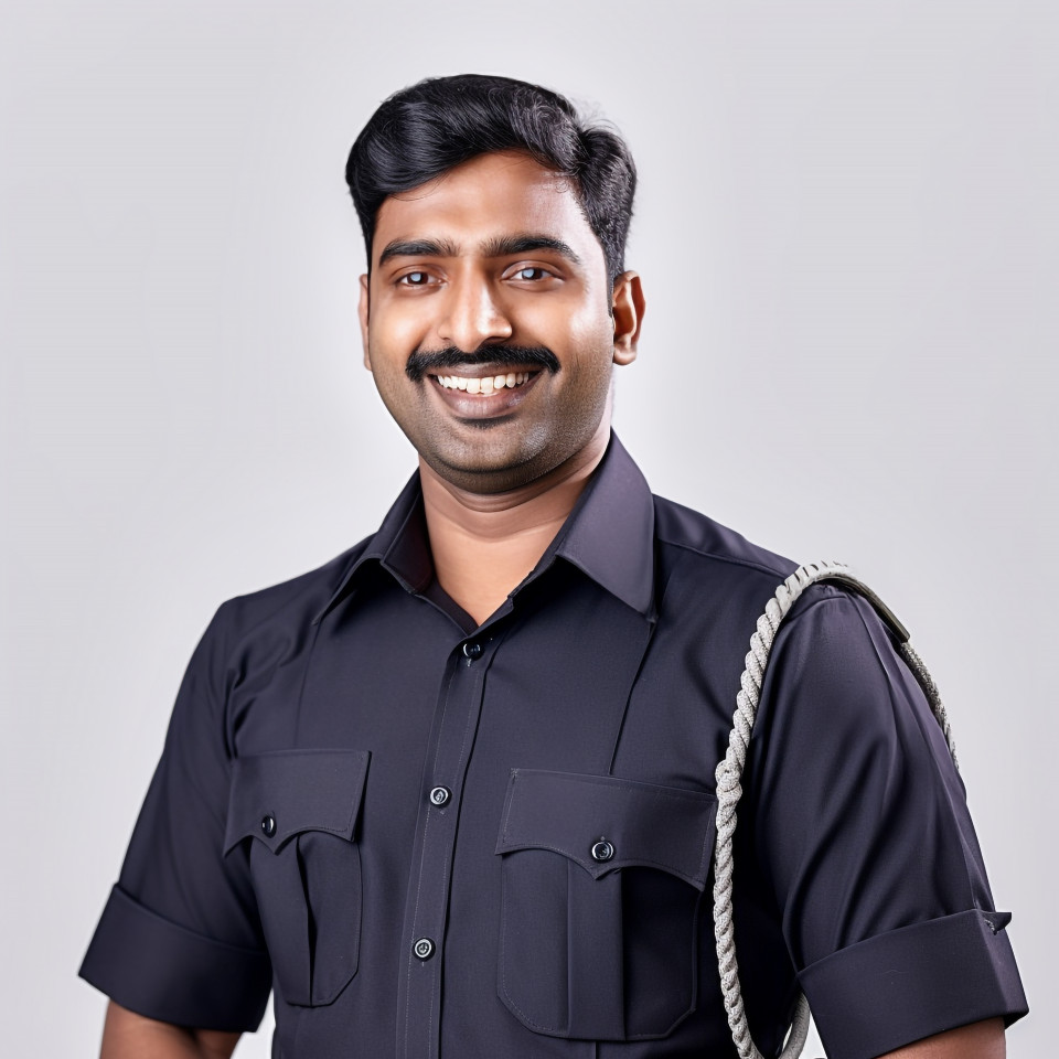 Friendly smiling handsome indian man grooming and personal care security personnel at work on white background