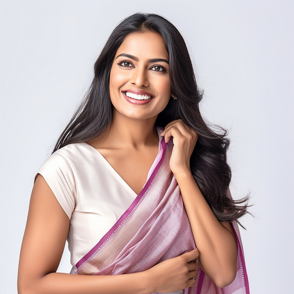 Friendly smiling beautiful indian woman beauty and personal care product sales representative at work on white background