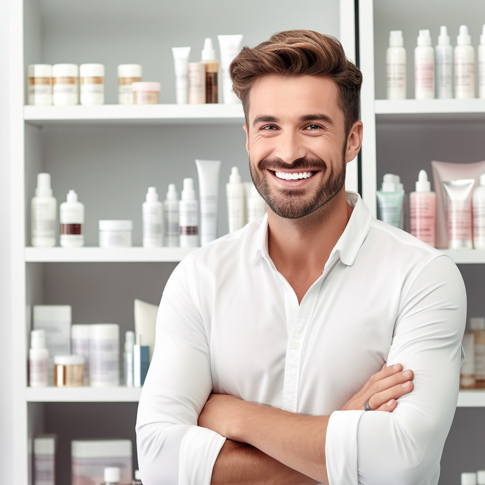Smiling handsome man grooming and personal care inventory manager at work on white background