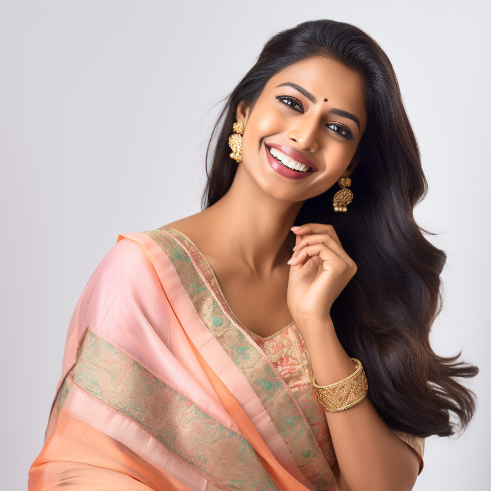 Friendly smiling beautiful indian woman beauty and personal care makeup artist at work on white background