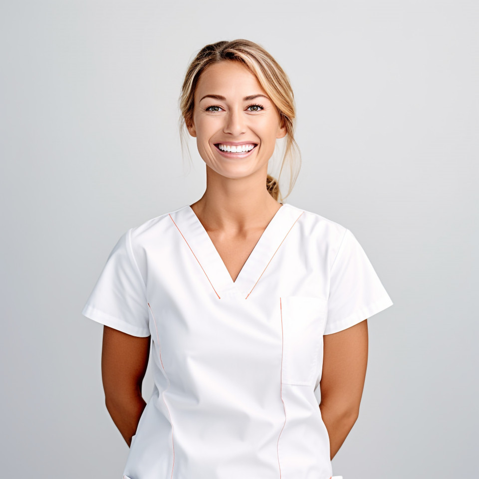 Friendly smiling beautiful woman beauty and personal care trainer at work on white background