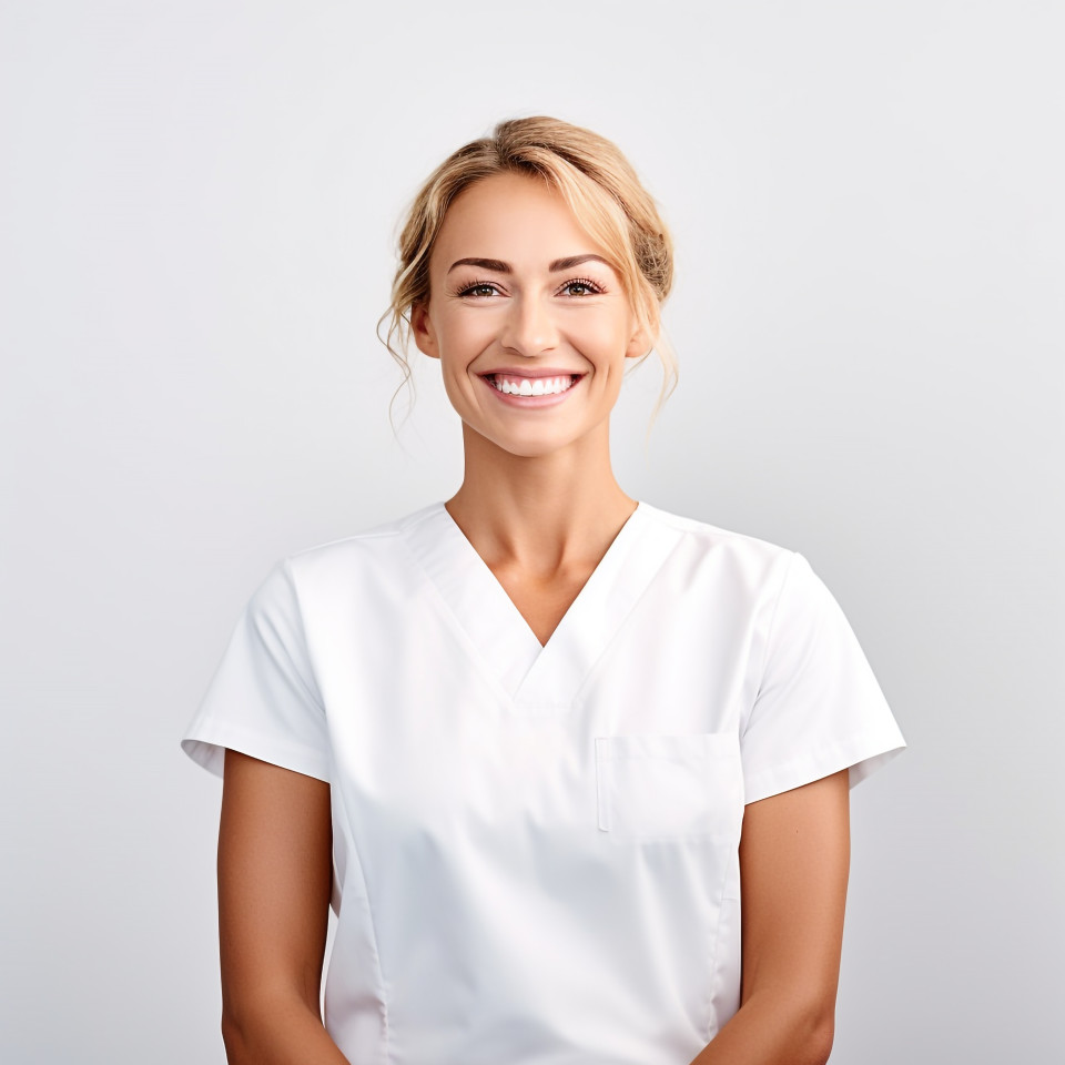 Friendly smiling beautiful woman beauty and personal care trainer at work on white background