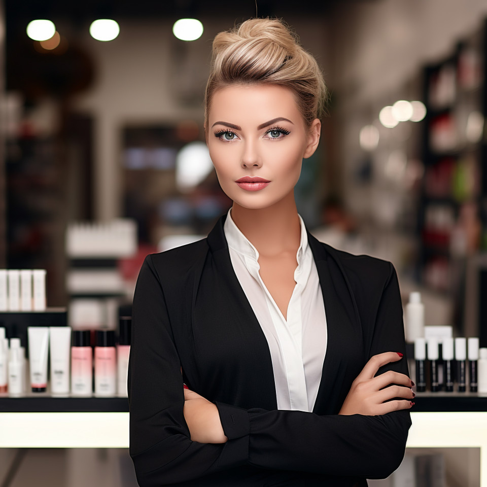 Confident beautiful woman beauty and personal care salon manager at work on blured background