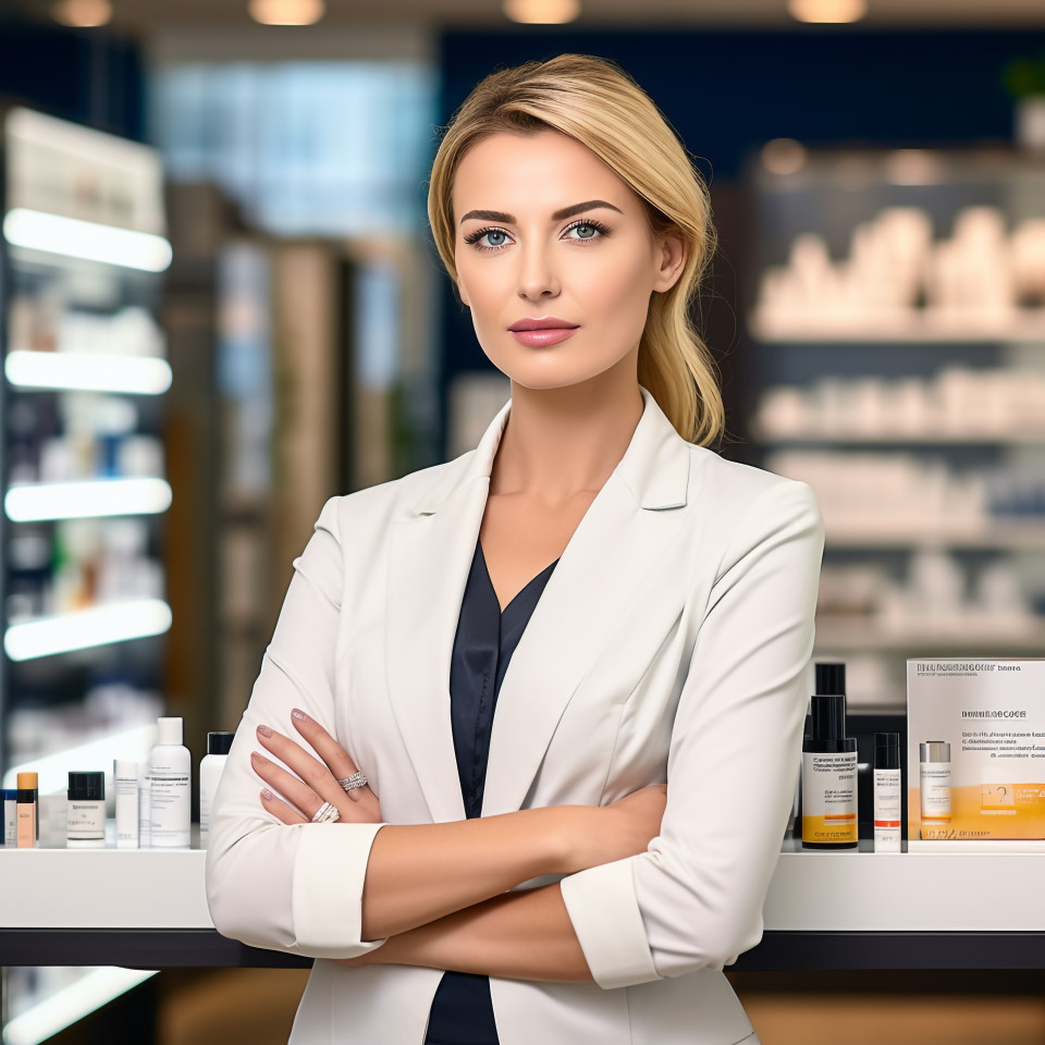 Confident beautiful woman beauty and personal care public relations specialist at work on blured background