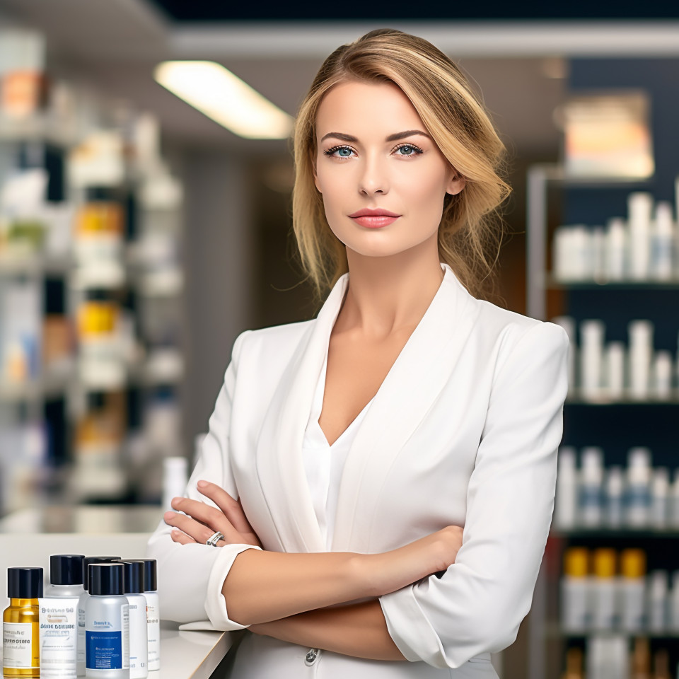 Confident beautiful woman beauty and personal care public relations specialist at work on blured background