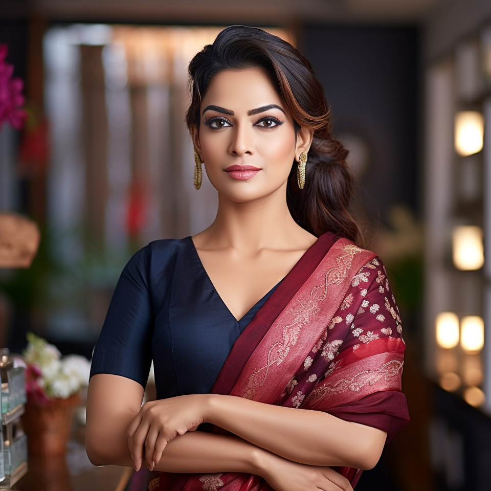 Confident beautiful indian woman beauty and personal care spa manager at work on blured background