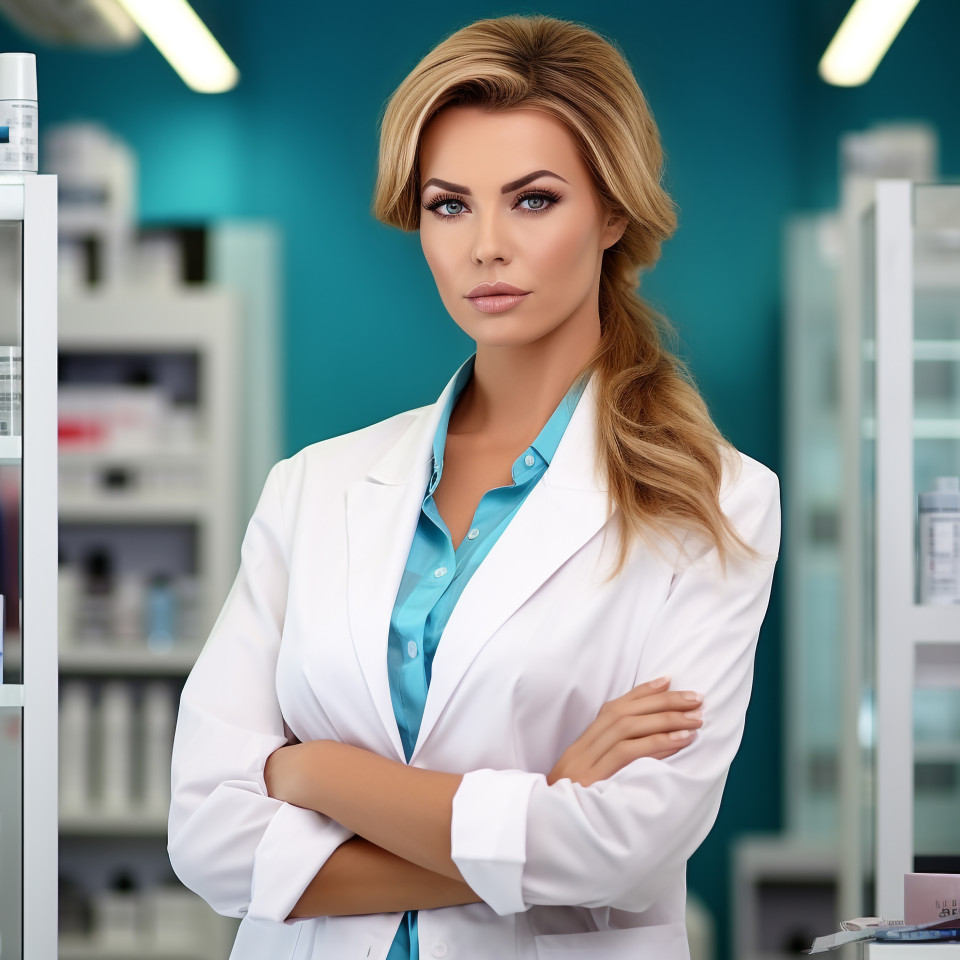 Confident beautiful woman beauty and personal care cosmetologist at work on blured background