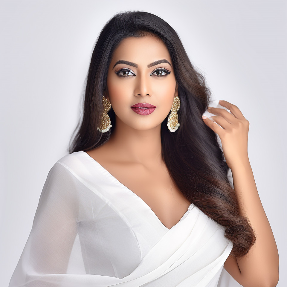 Confident beautiful indian woman beauty and personal care cosmetologist at work on white background