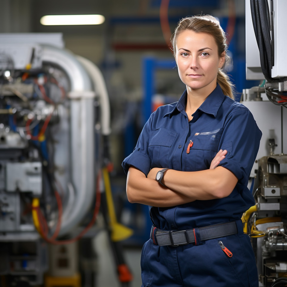 Confident female hvac tech working blurred background