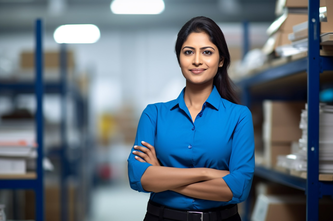 Indian woman mason working confidently on blurred background