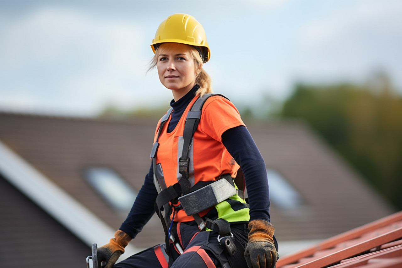 Female roofer working confidently on a blurred background