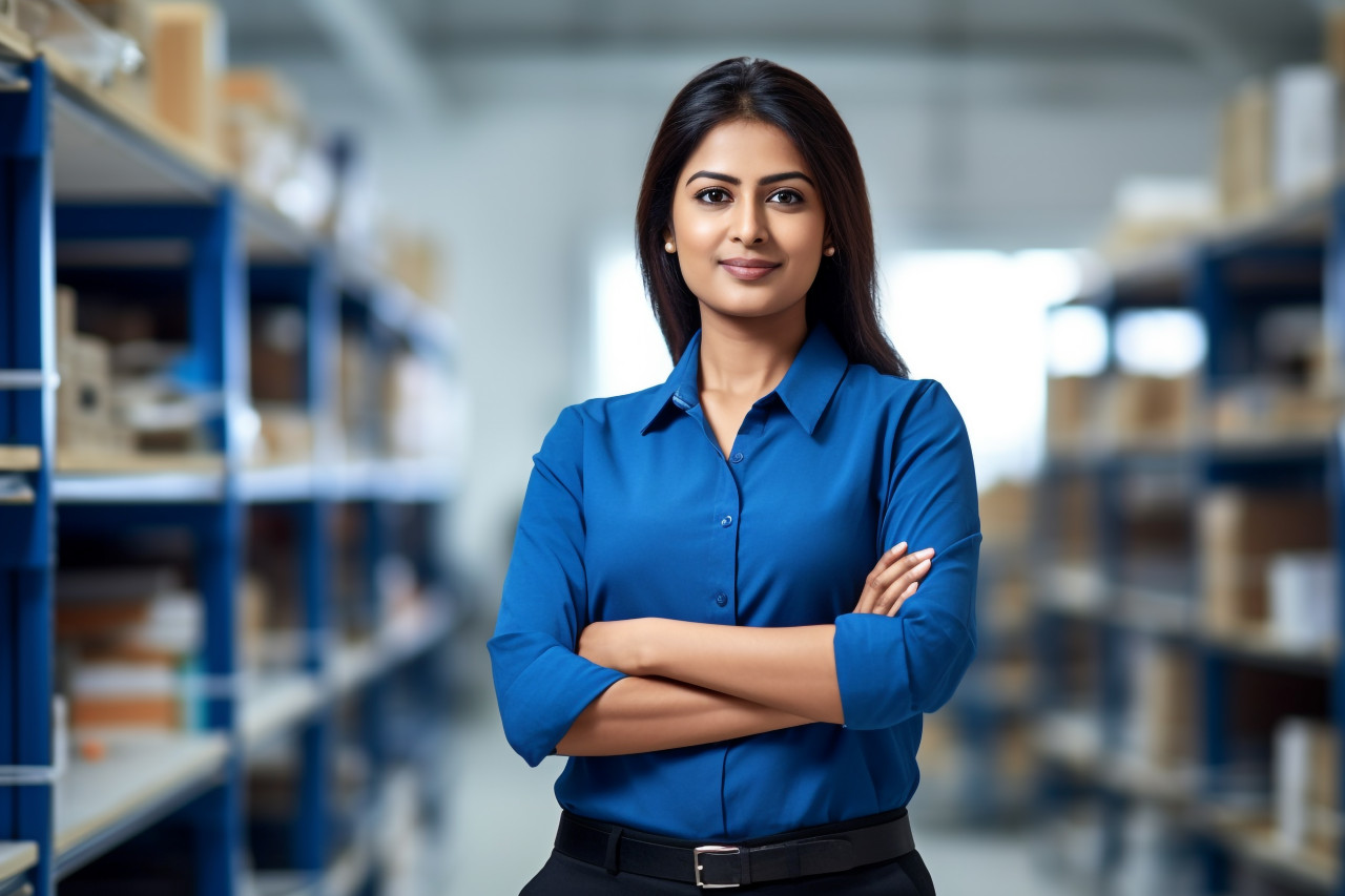 Indian woman mason working confidently on blurred background
