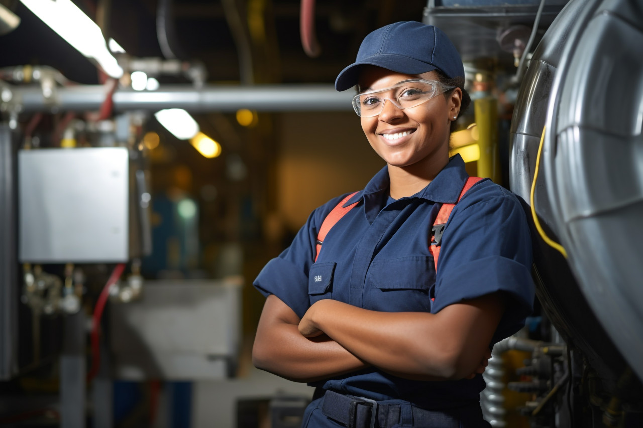 Female hvac technician working on a blurred background
