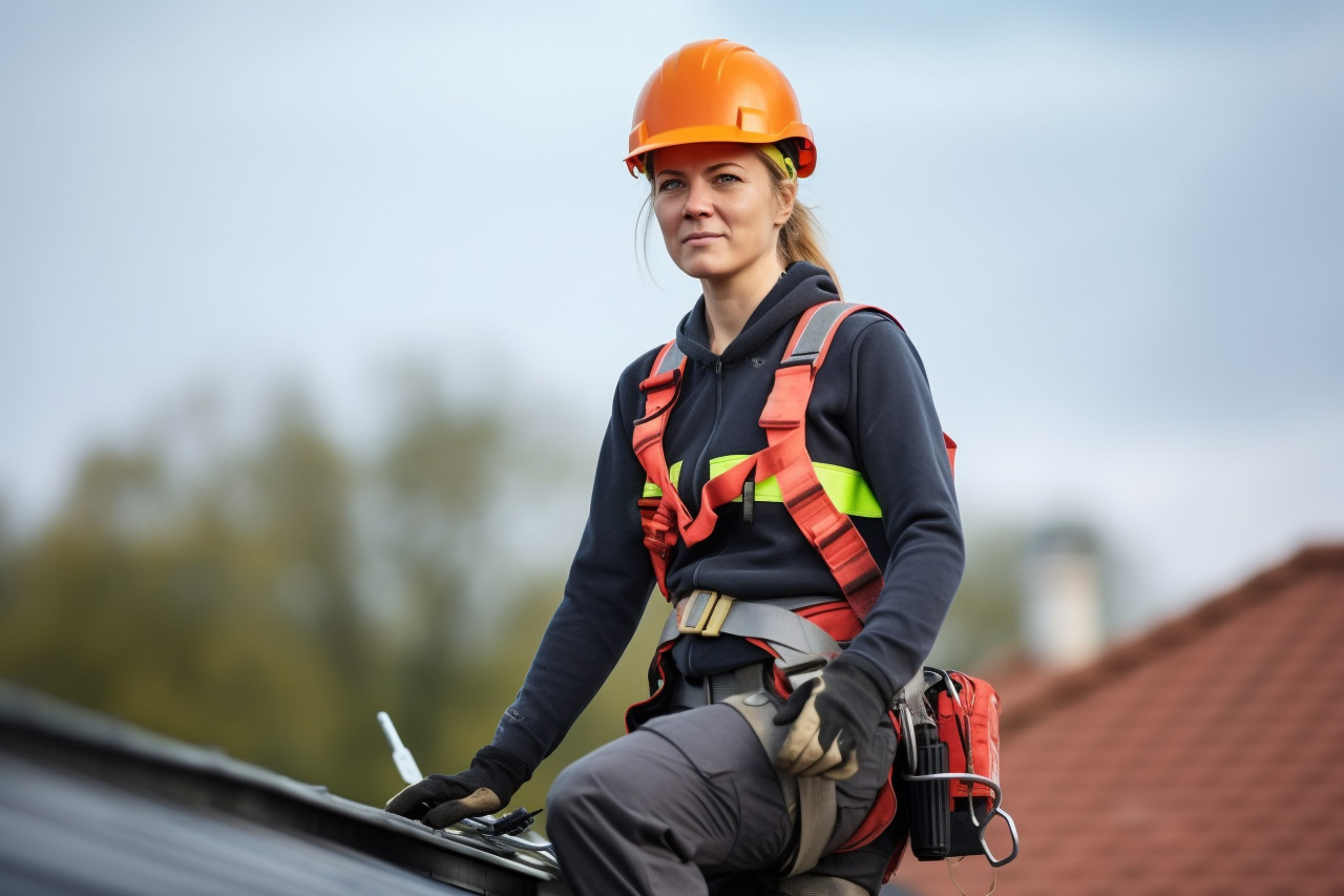 Female roofer working confidently on a blurred background
