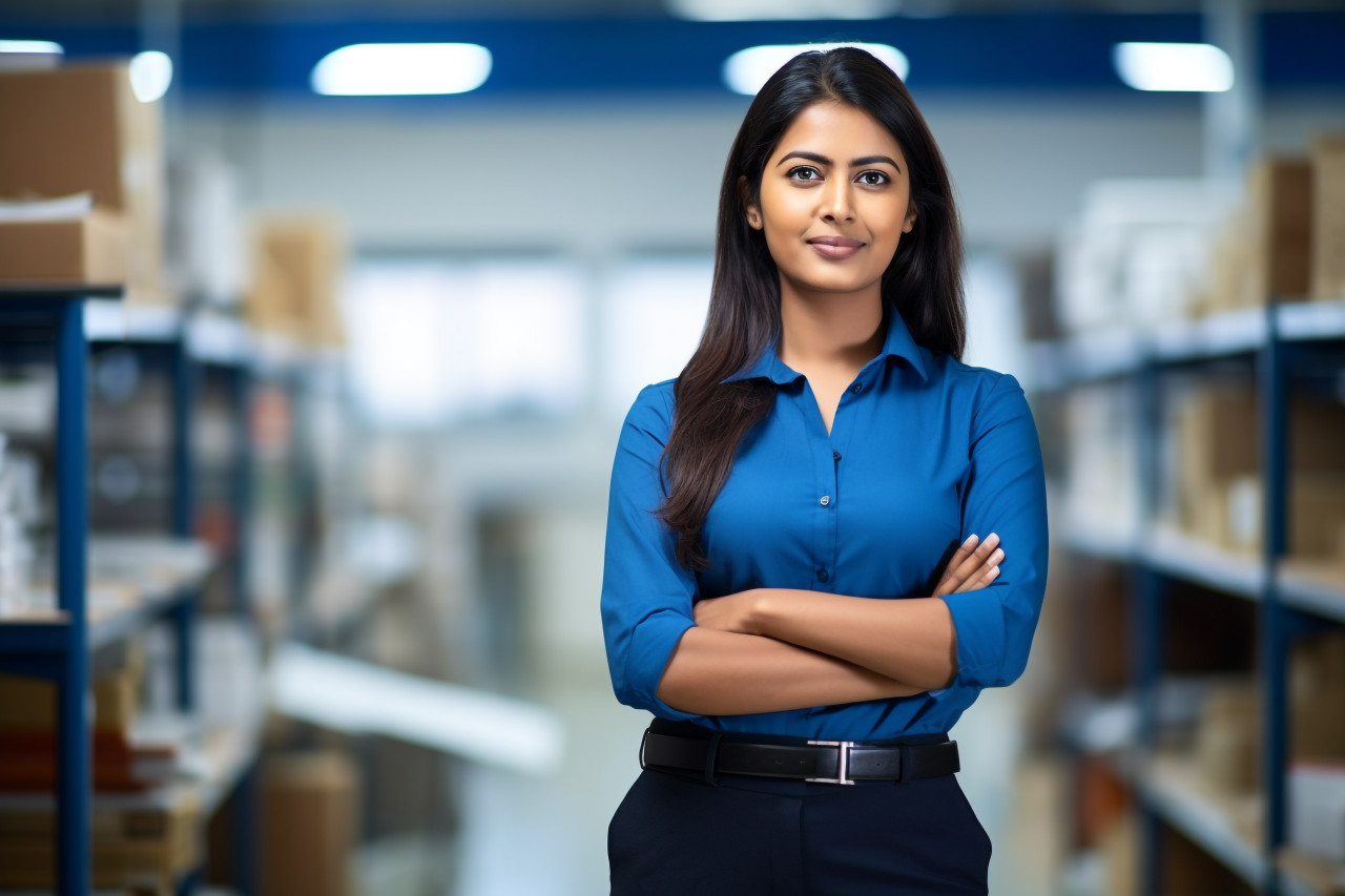 Indian woman mason working confidently on blurred background