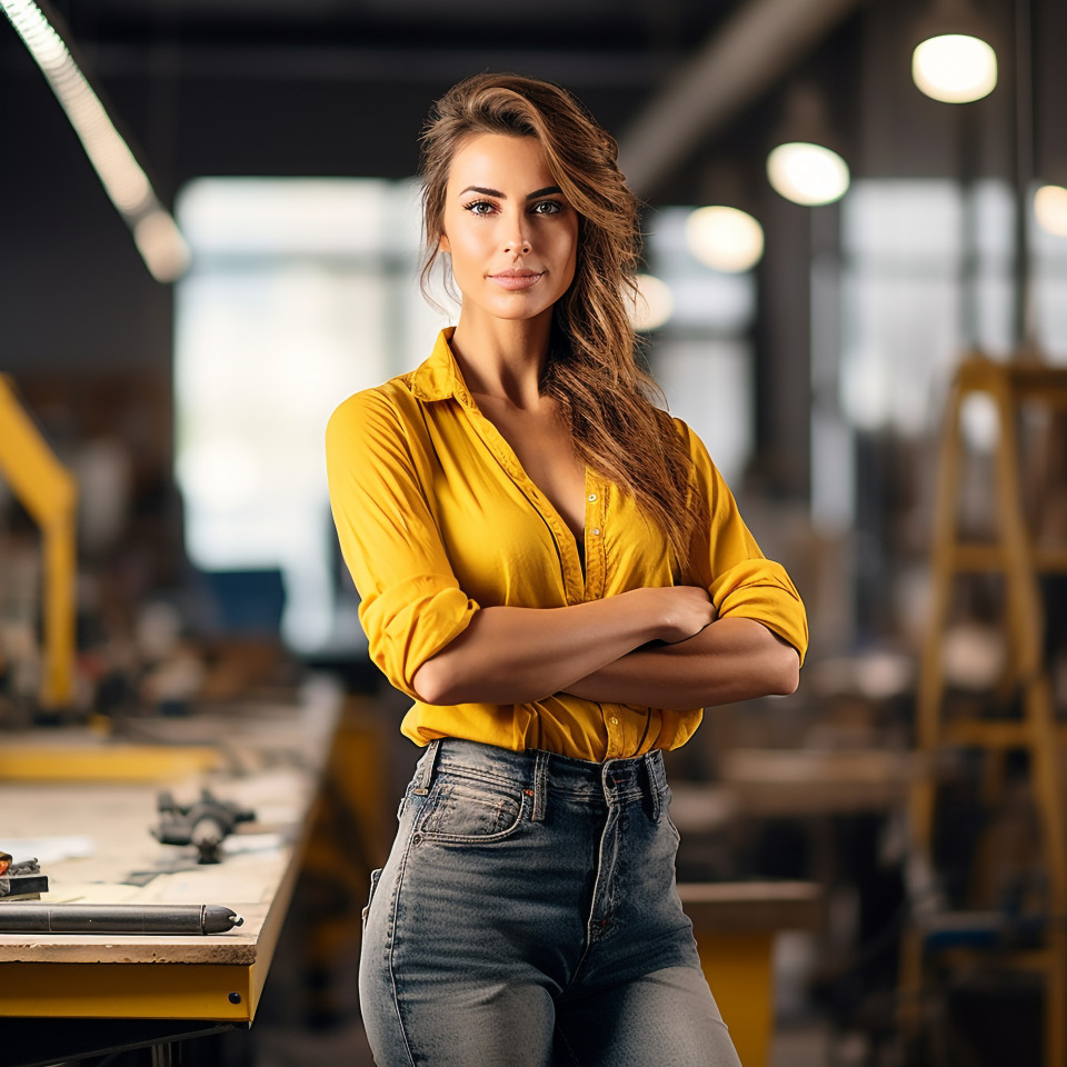 Woman mason confidently working on a blurred background