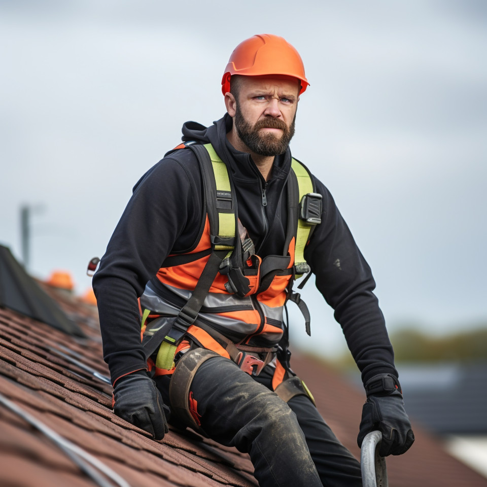 Expert roofer working on blurred background
