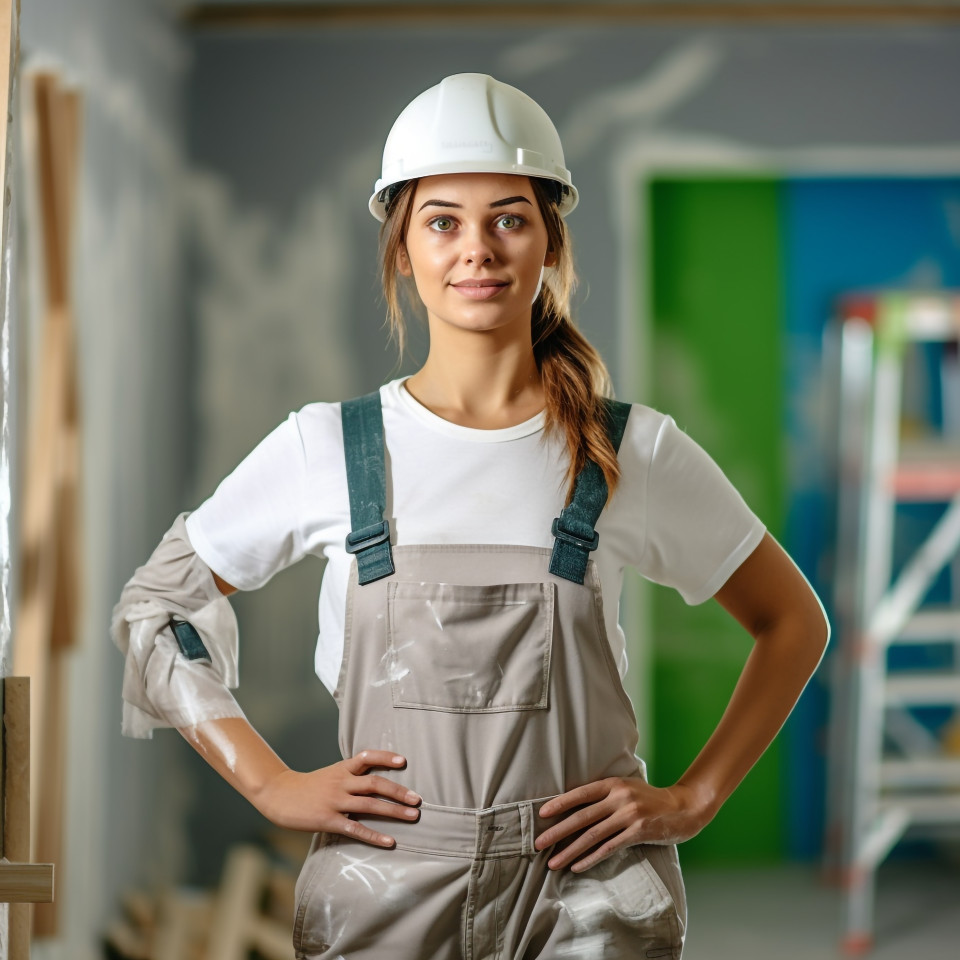 Drywall contractor woman working confidently